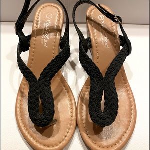 Black leather wedges